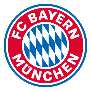 Partial view of the FC Bayern München emblem: blue outer ring, red inner circle with white lettering and blue-and-white diamond motif, cropped at the edge.