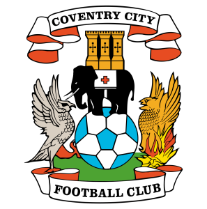 Coventry City Football Club crest: a blue and white soccer ball centered, flanked by a beige crane on the left and a gold phoenix on the right, with white banners bearing 'COVENTRY CITY' above and 'FOOTBALL CLUB' below on a black background.