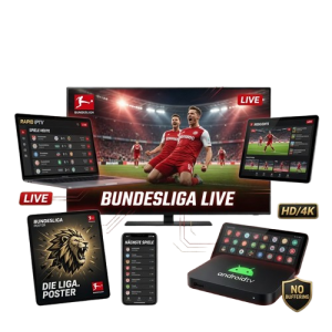 Live Bundesliga streaming setup with a large TV, tablet, phone, and Android TV box.